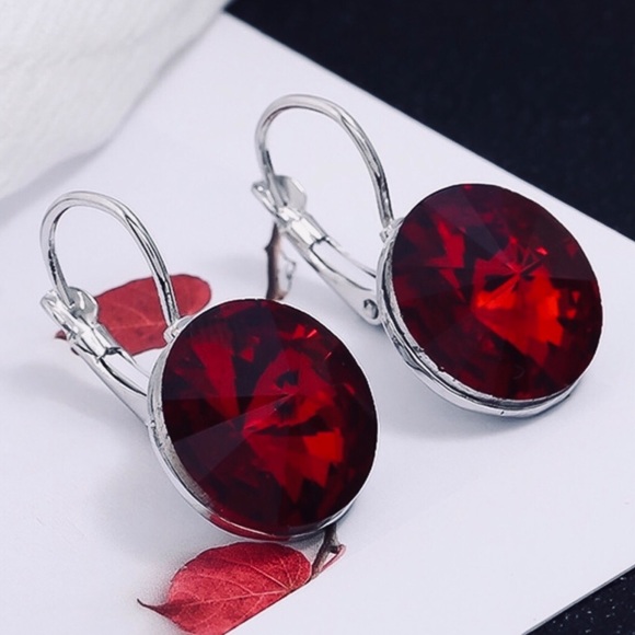 Jewelry - Silver Tone Red Crystal Leverback Earrings